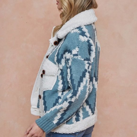 New Quilted Cardigan Sweater Coat / Women's Shacket Blue Western Boho Jacket - Picture 4 of 8